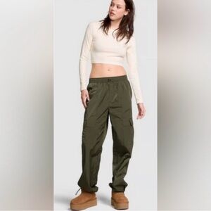 PINK Victorias Secret Satin parachute cargo pants pull on relax fit utility NWT